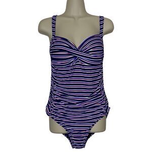 Nip Tuck Size 10 Striped One Piece Ruched Slimming Swimsuit Navy Red Black
